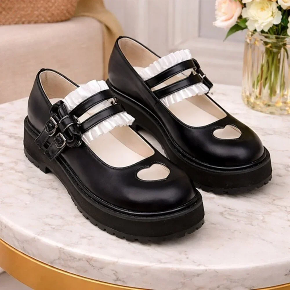 Lorie & Knight Lolita Mary Jane Shoes Black Heart Platform 8.5 Y2K